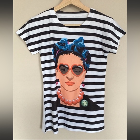 Frida Kahlo Graphic Tee Mexican T-Shirt Striped - Picture 1 of 3
